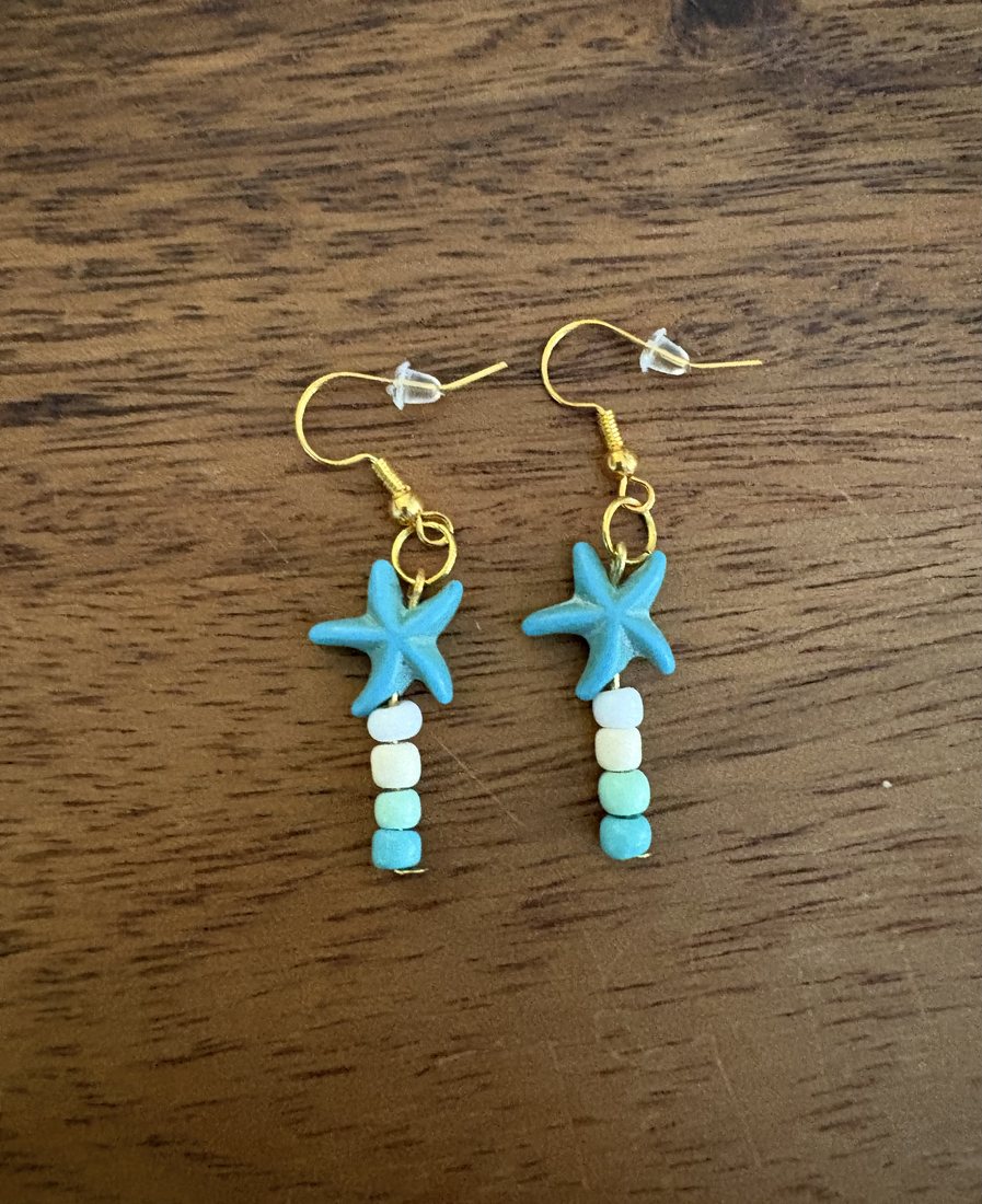 Blue Starfish Bead Drops โ handmade earrings by Sienna
