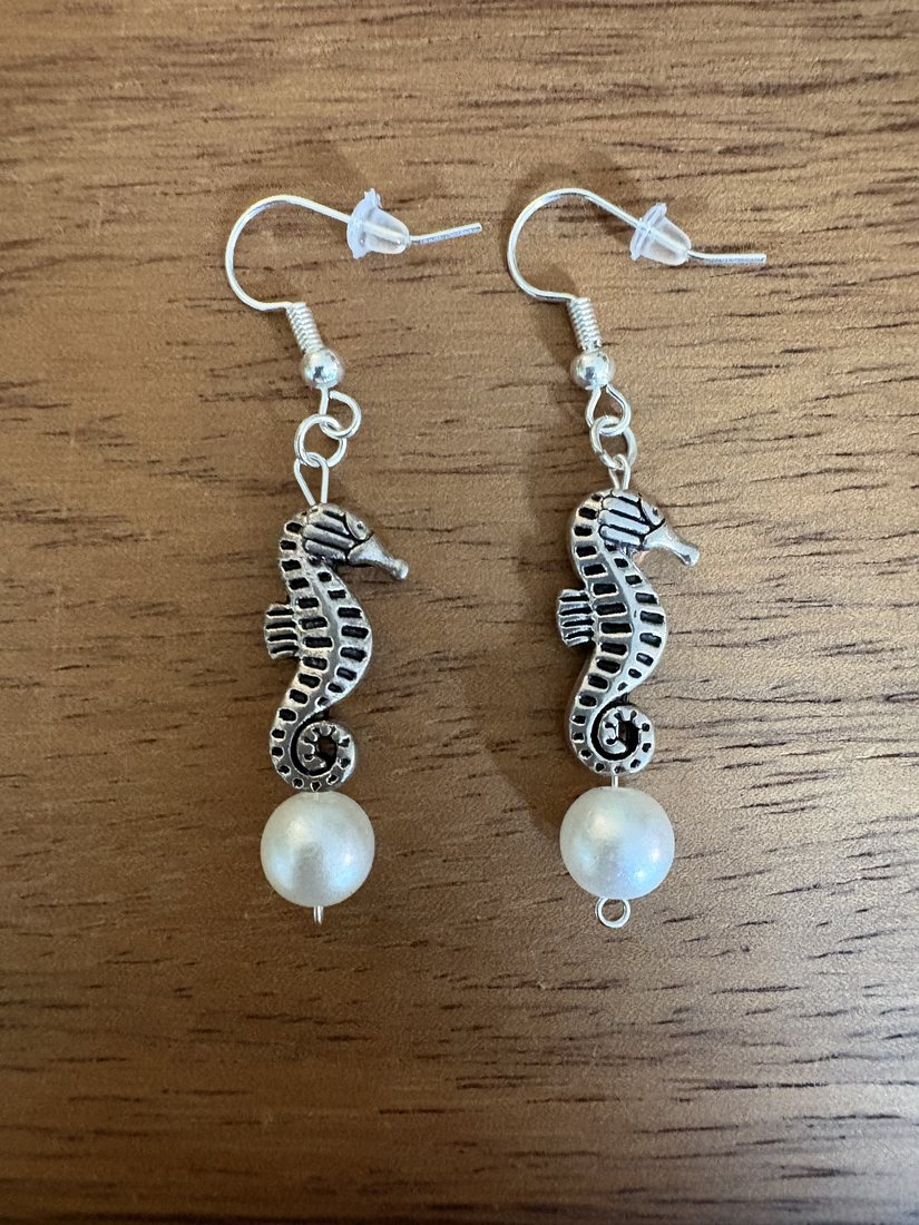 Seahorse & Pearlescent Drops — handmade earrings by Sienna