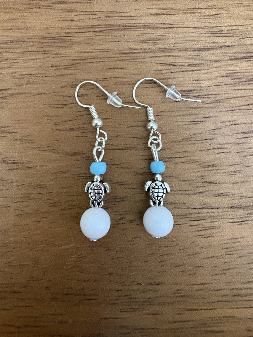 Sea Turtle & Snow Bead Drops — handmade earrings by Sienna
